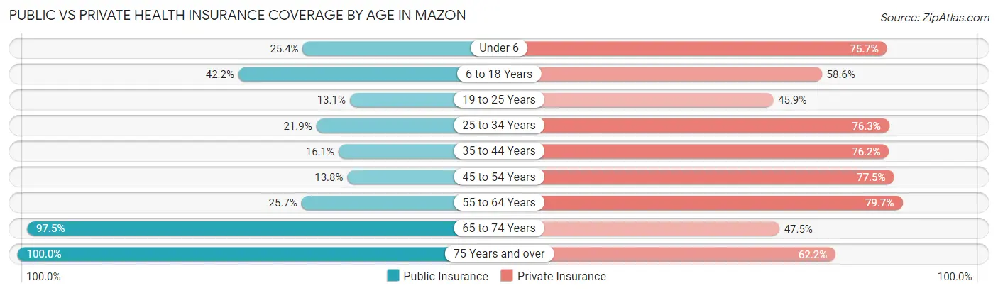Public vs Private Health Insurance Coverage by Age in Mazon