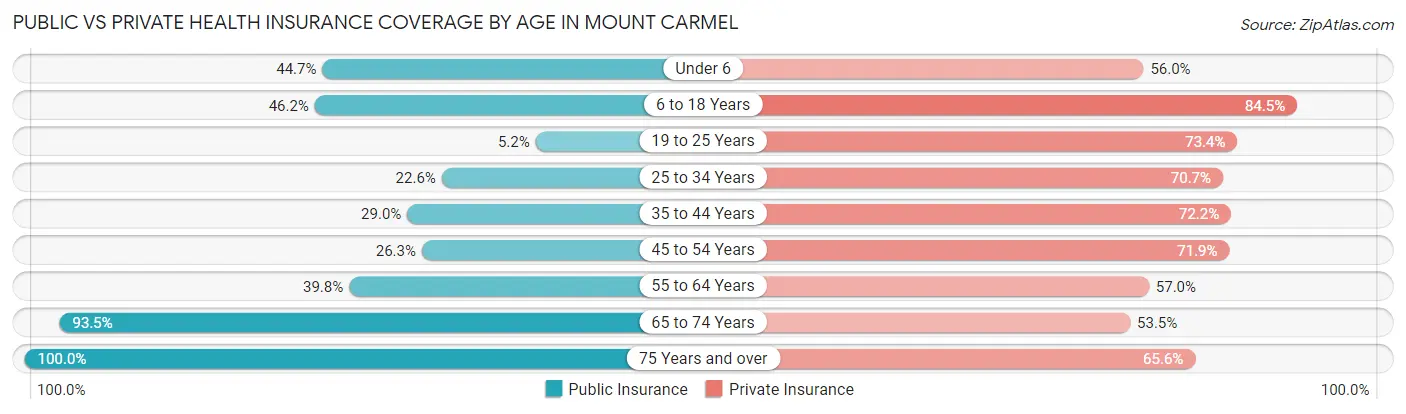 Public vs Private Health Insurance Coverage by Age in Mount Carmel