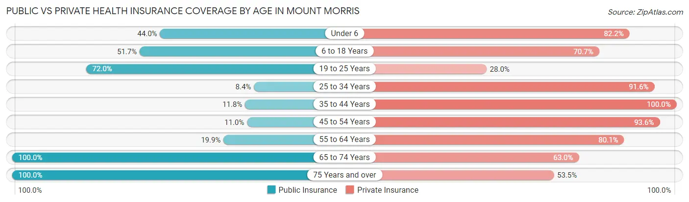 Public vs Private Health Insurance Coverage by Age in Mount Morris