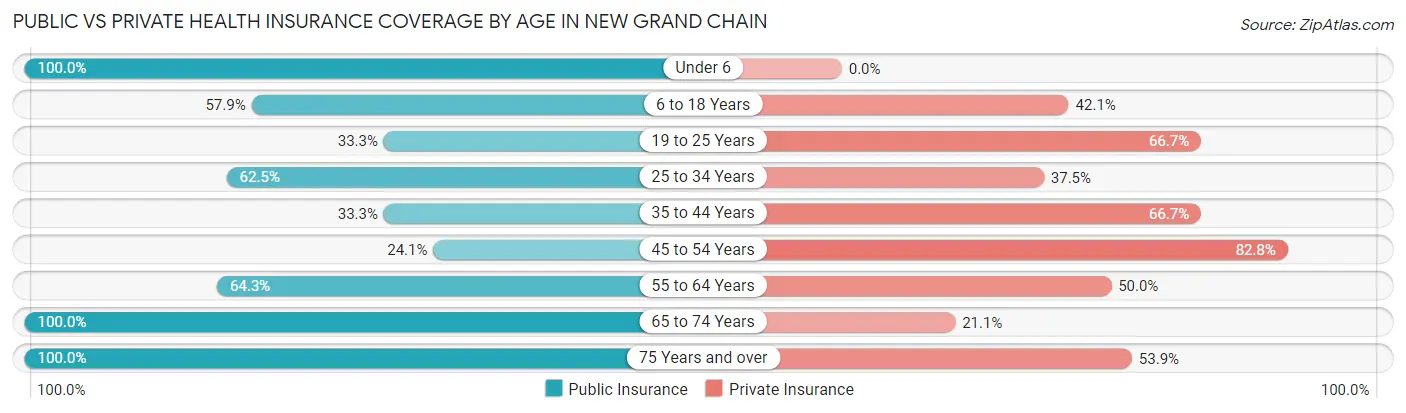 Public vs Private Health Insurance Coverage by Age in New Grand Chain