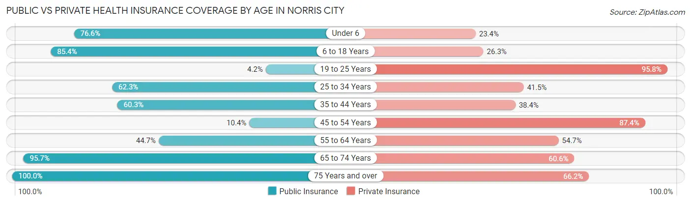 Public vs Private Health Insurance Coverage by Age in Norris City