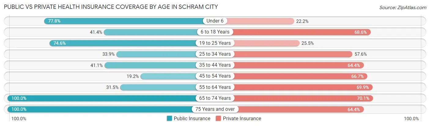 Public vs Private Health Insurance Coverage by Age in Schram City
