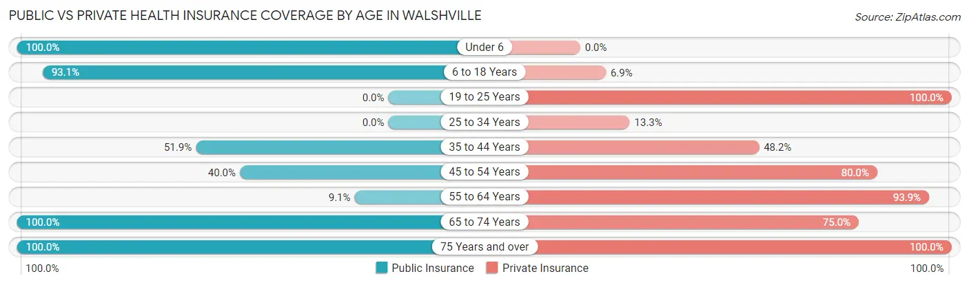 Public vs Private Health Insurance Coverage by Age in Walshville