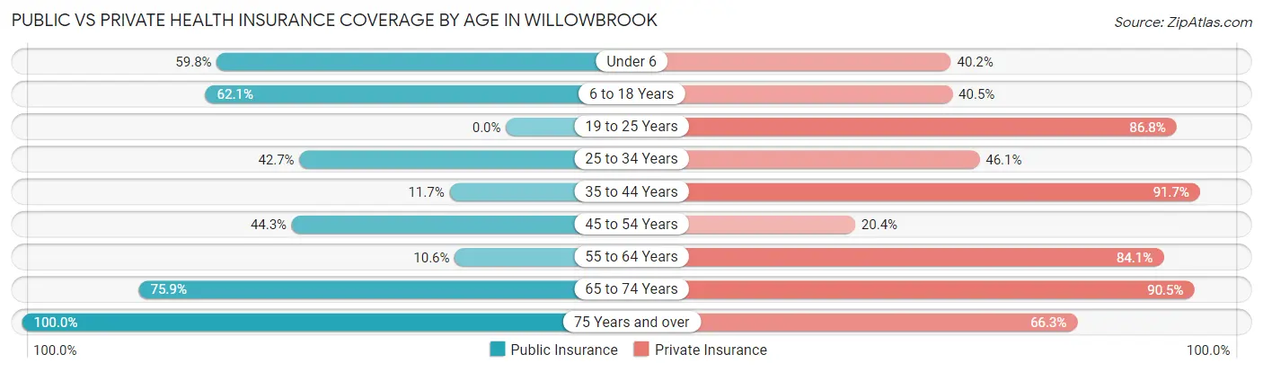Public vs Private Health Insurance Coverage by Age in Willowbrook