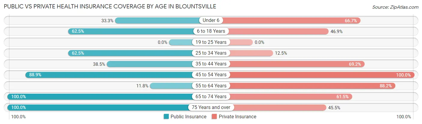 Public vs Private Health Insurance Coverage by Age in Blountsville