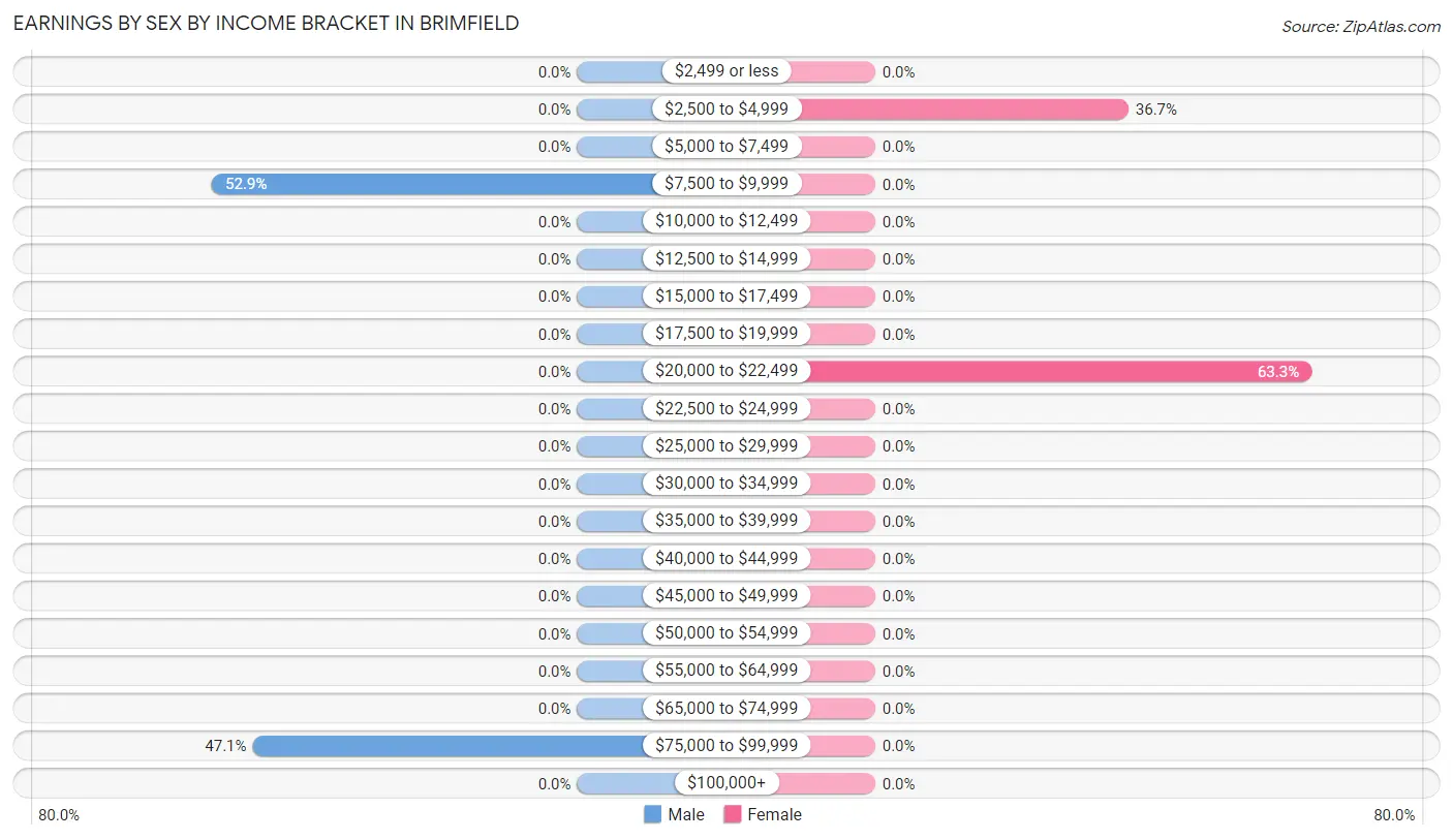 Earnings by Sex by Income Bracket in Brimfield