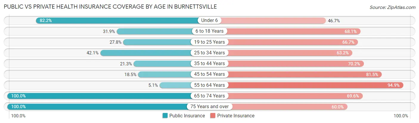 Public vs Private Health Insurance Coverage by Age in Burnettsville