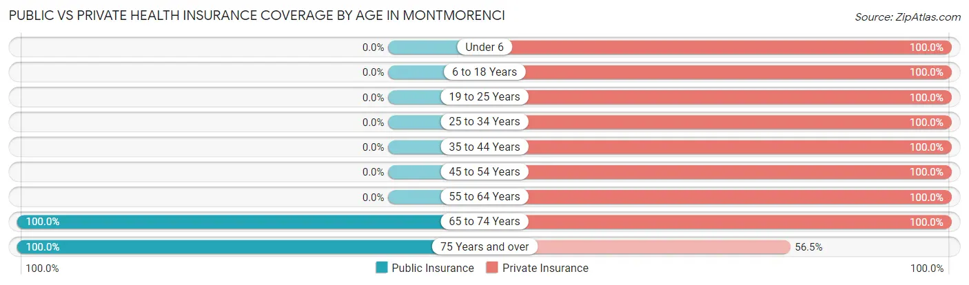 Public vs Private Health Insurance Coverage by Age in Montmorenci