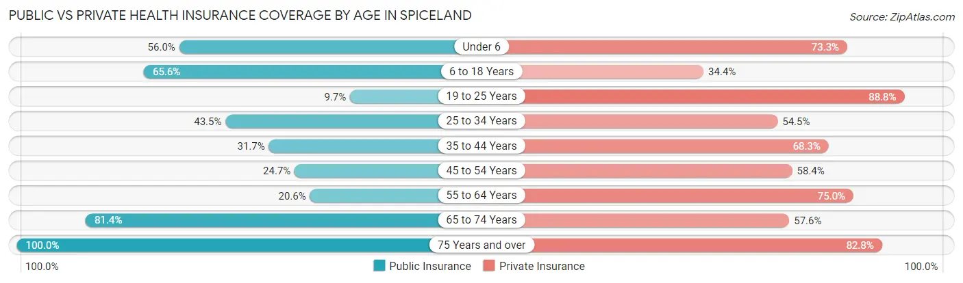 Public vs Private Health Insurance Coverage by Age in Spiceland