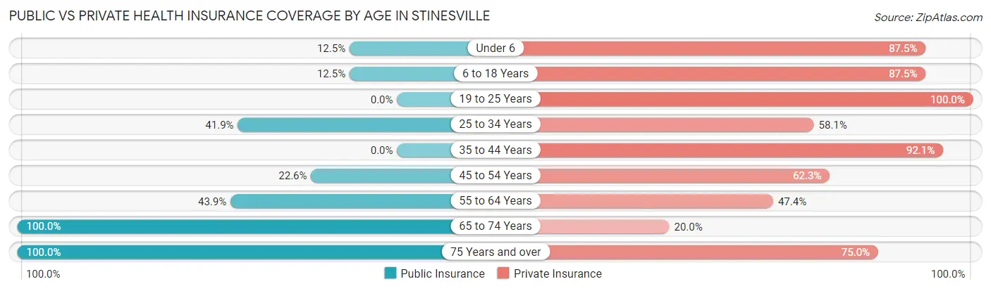 Public vs Private Health Insurance Coverage by Age in Stinesville