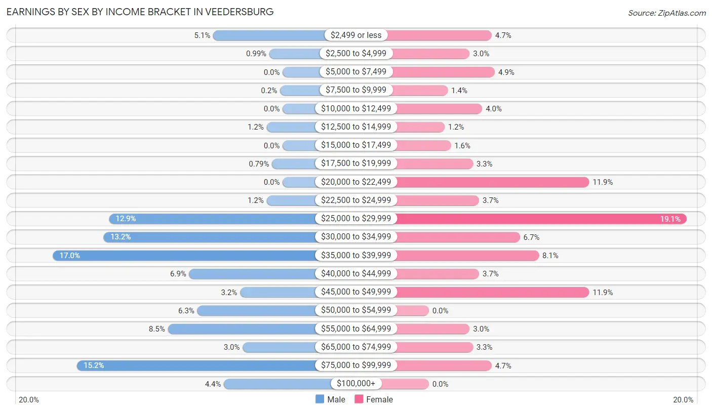 Earnings by Sex by Income Bracket in Veedersburg