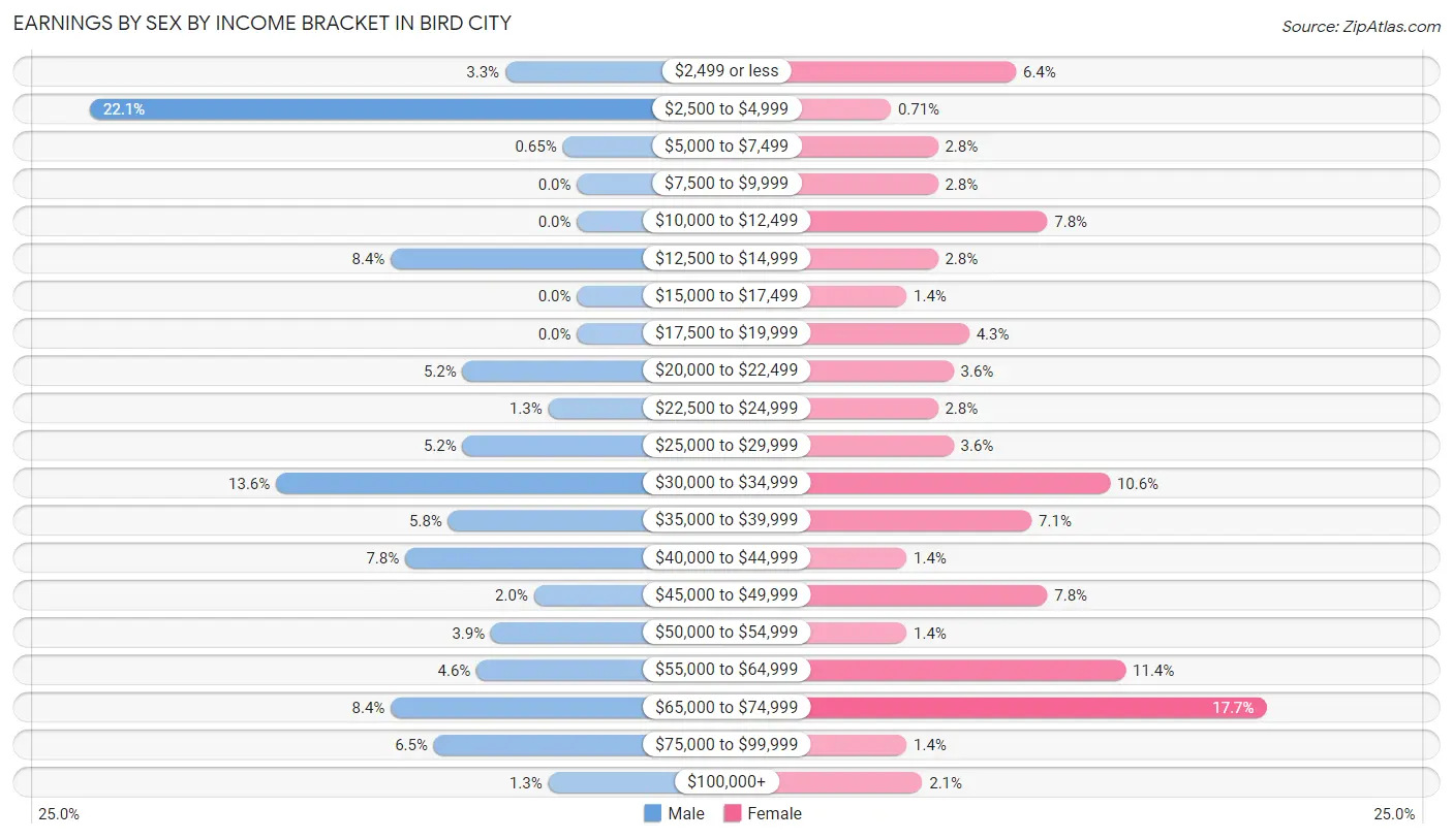 Earnings by Sex by Income Bracket in Bird City