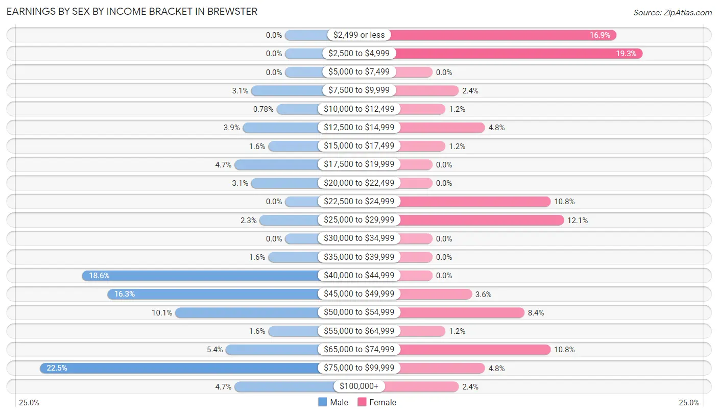 Earnings by Sex by Income Bracket in Brewster