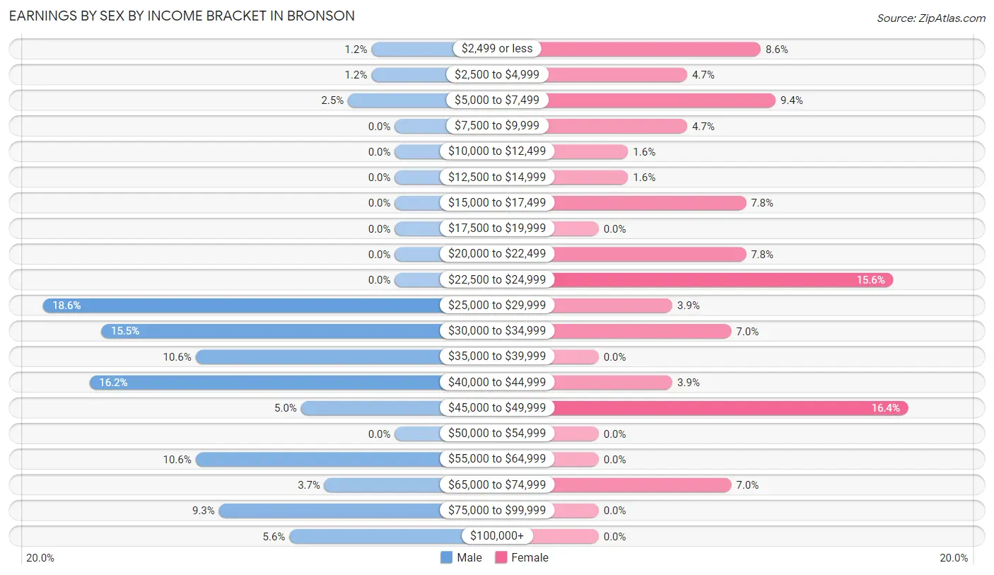 Earnings by Sex by Income Bracket in Bronson