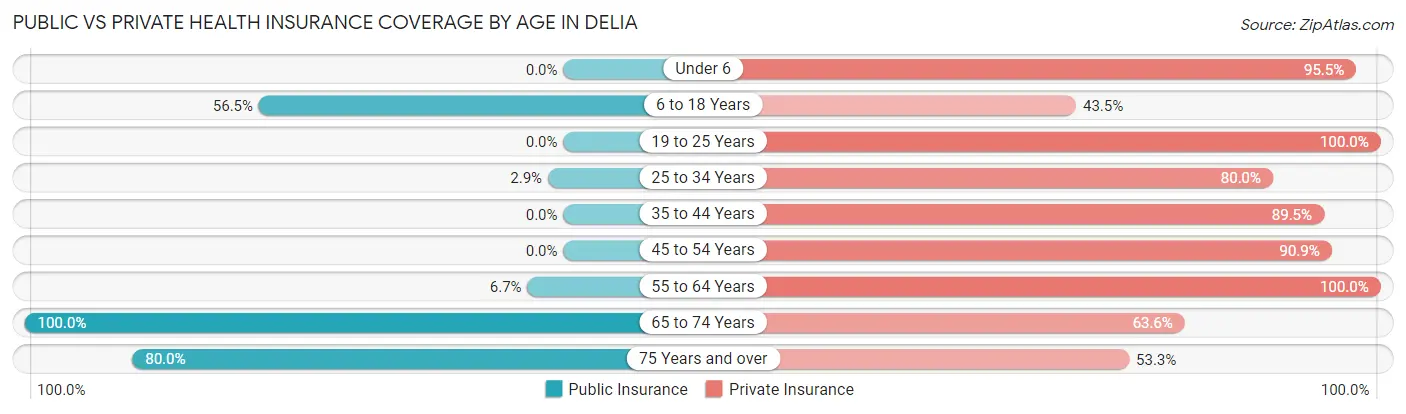 Public vs Private Health Insurance Coverage by Age in Delia