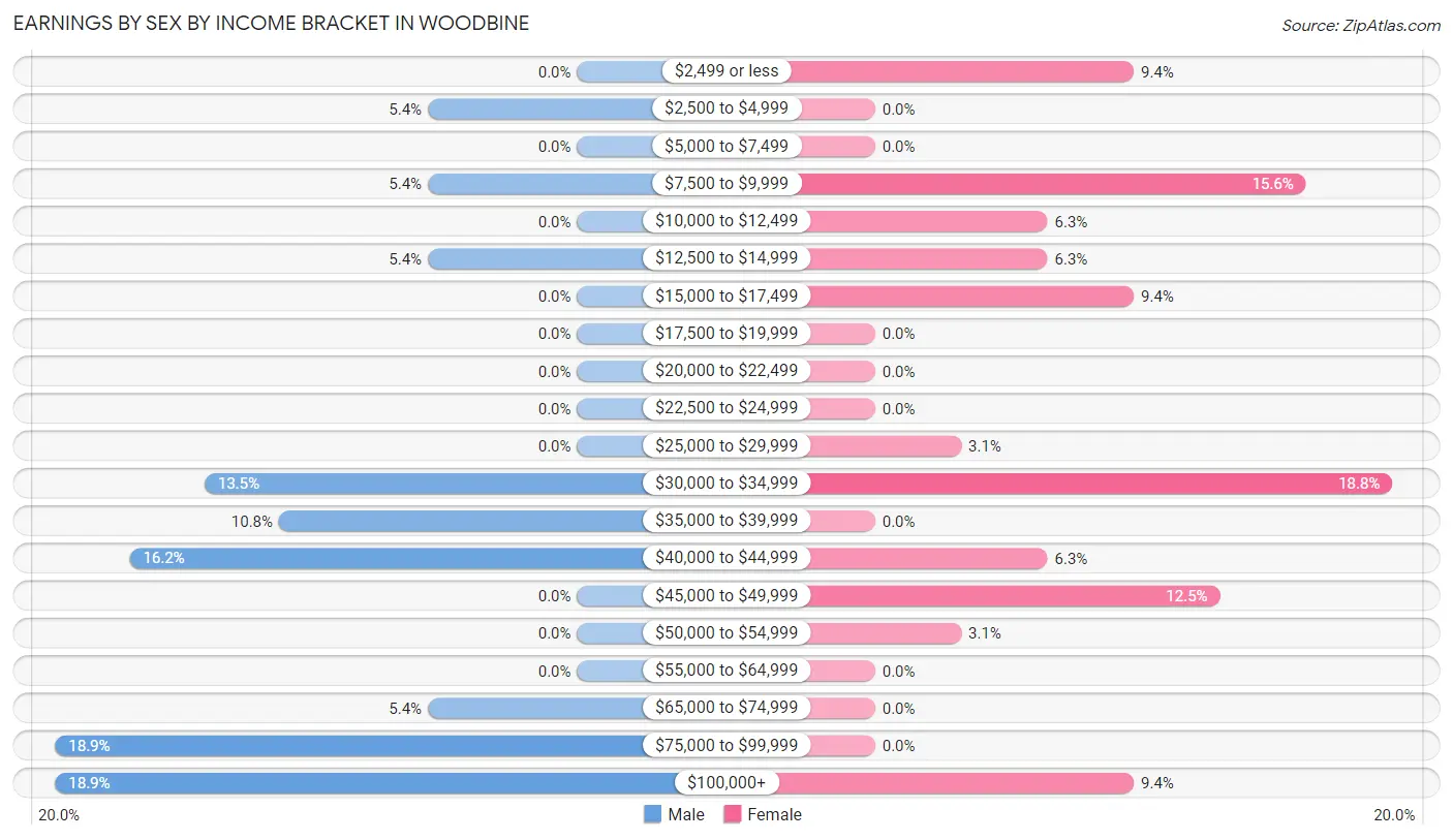 Earnings by Sex by Income Bracket in Woodbine