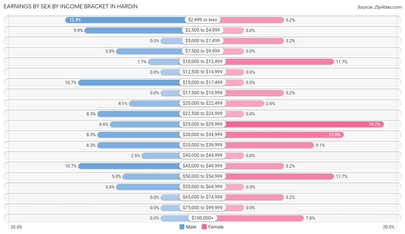 Earnings by Sex by Income Bracket in Hardin