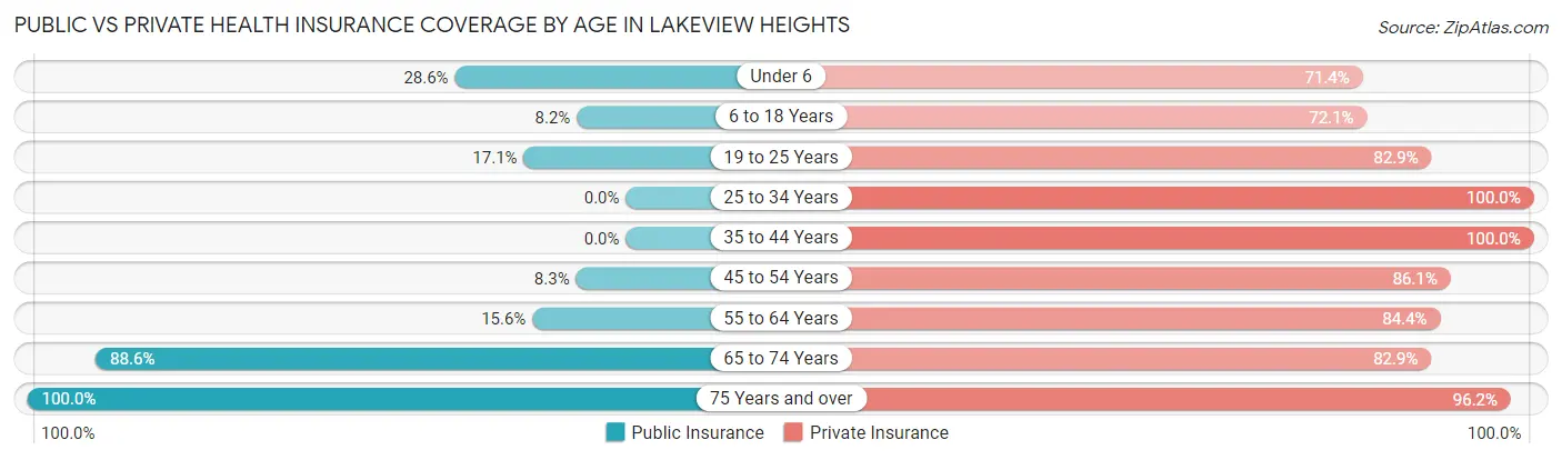 Public vs Private Health Insurance Coverage by Age in Lakeview Heights