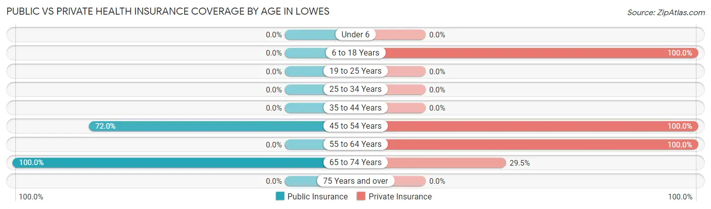 Public vs Private Health Insurance Coverage by Age in Lowes
