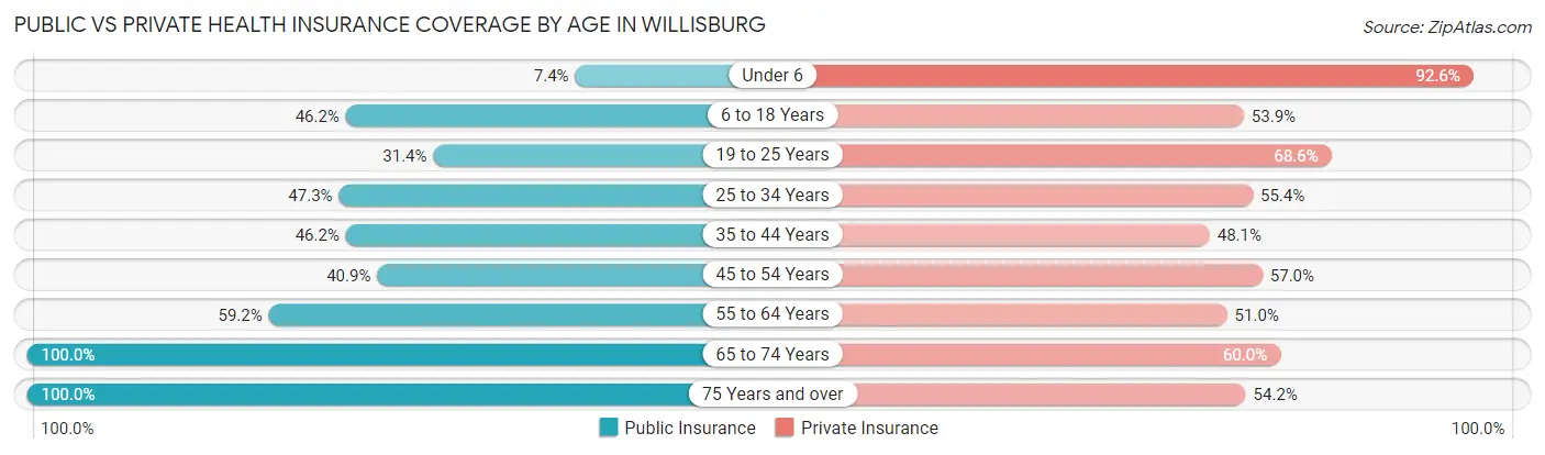 Public vs Private Health Insurance Coverage by Age in Willisburg