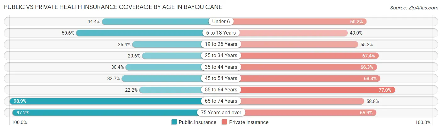 Public vs Private Health Insurance Coverage by Age in Bayou Cane