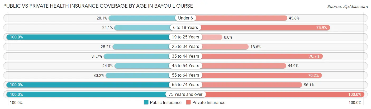 Public vs Private Health Insurance Coverage by Age in Bayou L Ourse
