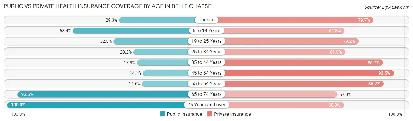 Public vs Private Health Insurance Coverage by Age in Belle Chasse