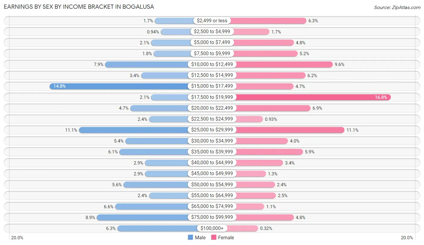 Earnings by Sex by Income Bracket in Bogalusa