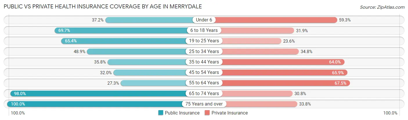 Public vs Private Health Insurance Coverage by Age in Merrydale