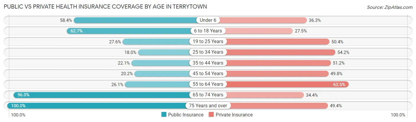 Public vs Private Health Insurance Coverage by Age in Terrytown