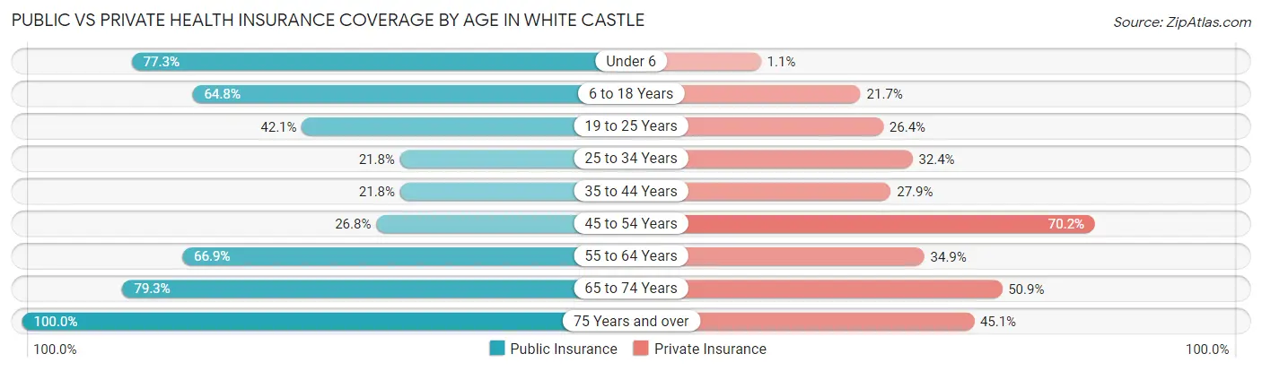 Public vs Private Health Insurance Coverage by Age in White Castle