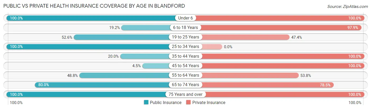 Public vs Private Health Insurance Coverage by Age in Blandford