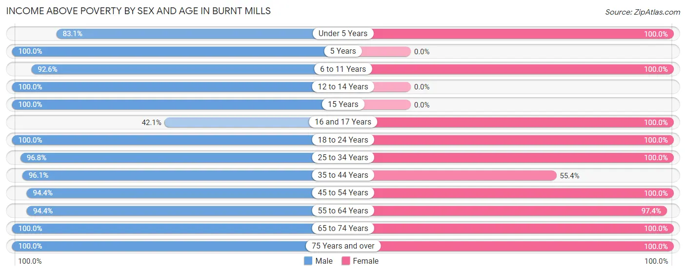 Income Above Poverty by Sex and Age in Burnt Mills