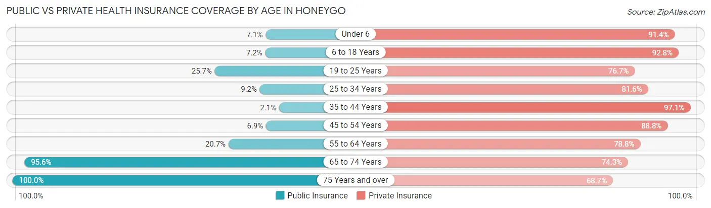 Public vs Private Health Insurance Coverage by Age in Honeygo