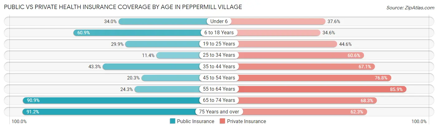 Public vs Private Health Insurance Coverage by Age in Peppermill Village