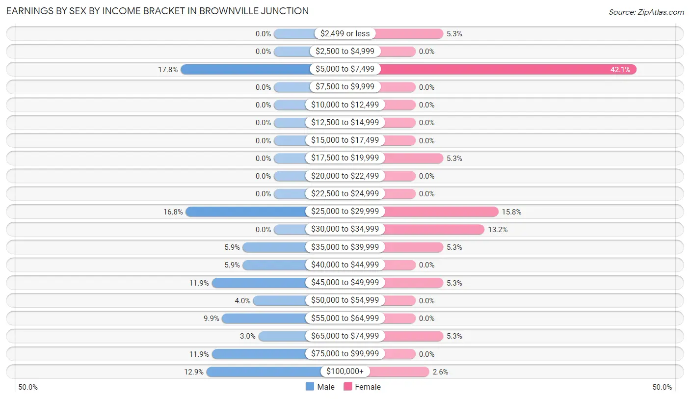 Earnings by Sex by Income Bracket in Brownville Junction