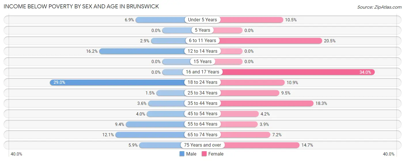 Income Below Poverty by Sex and Age in Brunswick