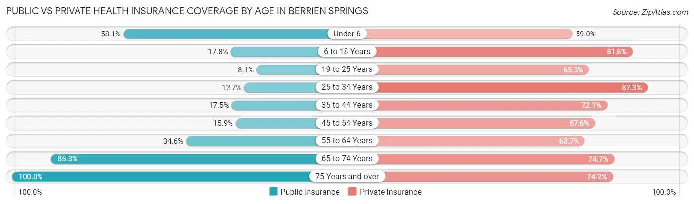 Public vs Private Health Insurance Coverage by Age in Berrien Springs