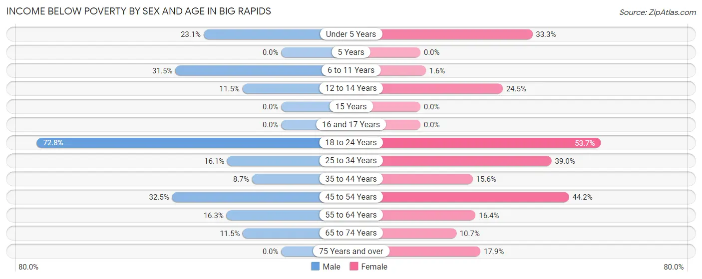 Income Below Poverty by Sex and Age in Big Rapids