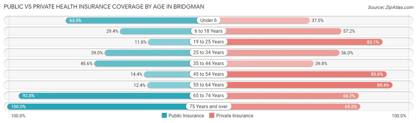 Public vs Private Health Insurance Coverage by Age in Bridgman