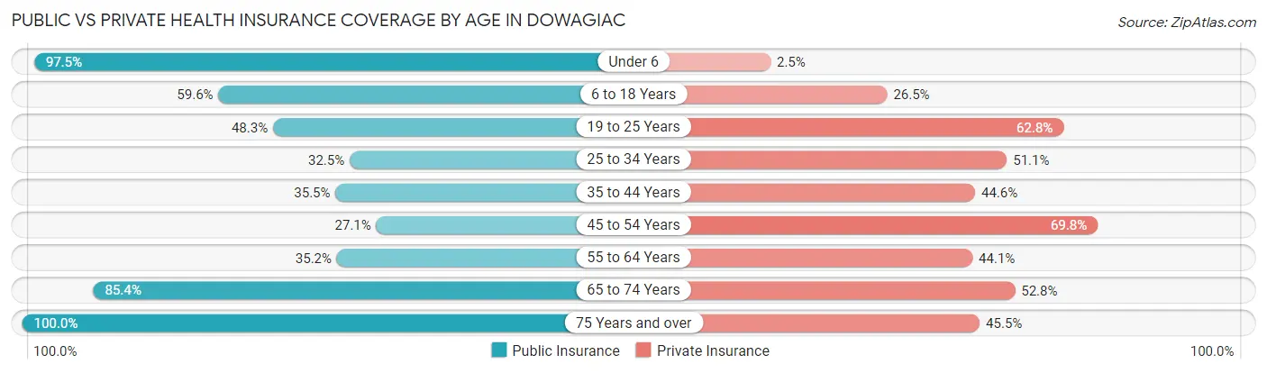Public vs Private Health Insurance Coverage by Age in Dowagiac