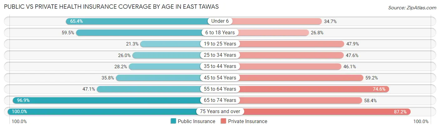 Public vs Private Health Insurance Coverage by Age in East Tawas