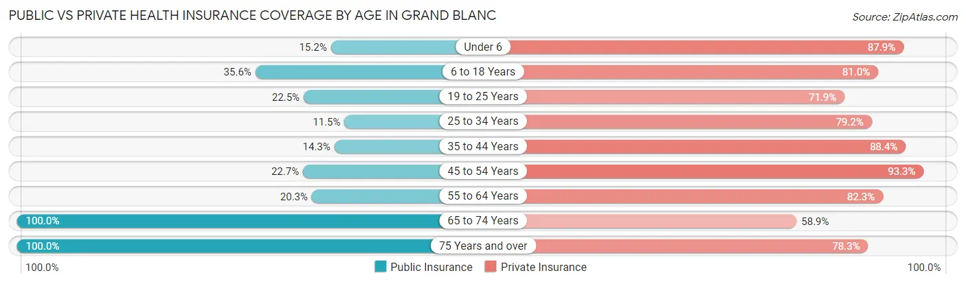 Public vs Private Health Insurance Coverage by Age in Grand Blanc