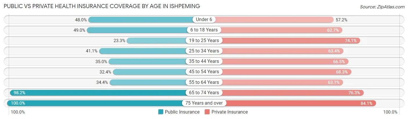 Public vs Private Health Insurance Coverage by Age in Ishpeming