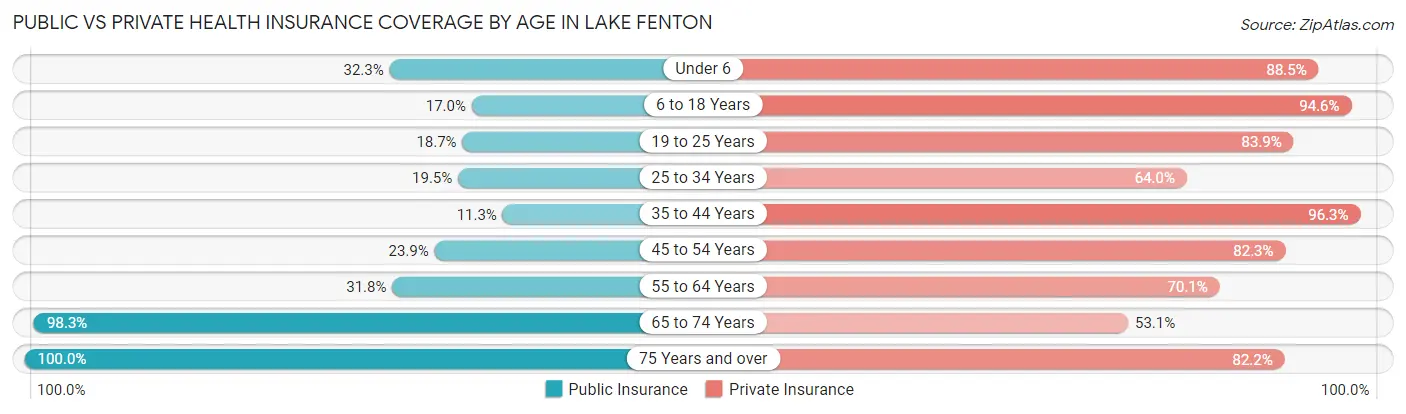 Public vs Private Health Insurance Coverage by Age in Lake Fenton