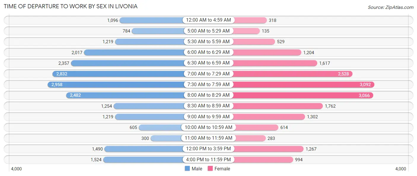 Time of Departure to Work by Sex in Livonia