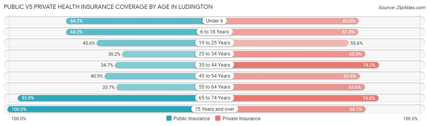 Public vs Private Health Insurance Coverage by Age in Ludington