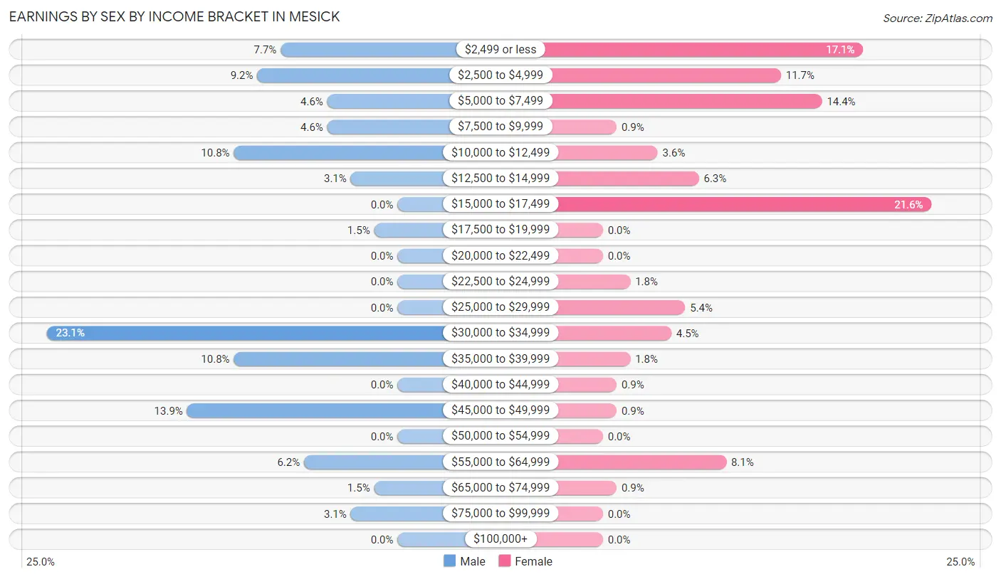 Earnings by Sex by Income Bracket in Mesick