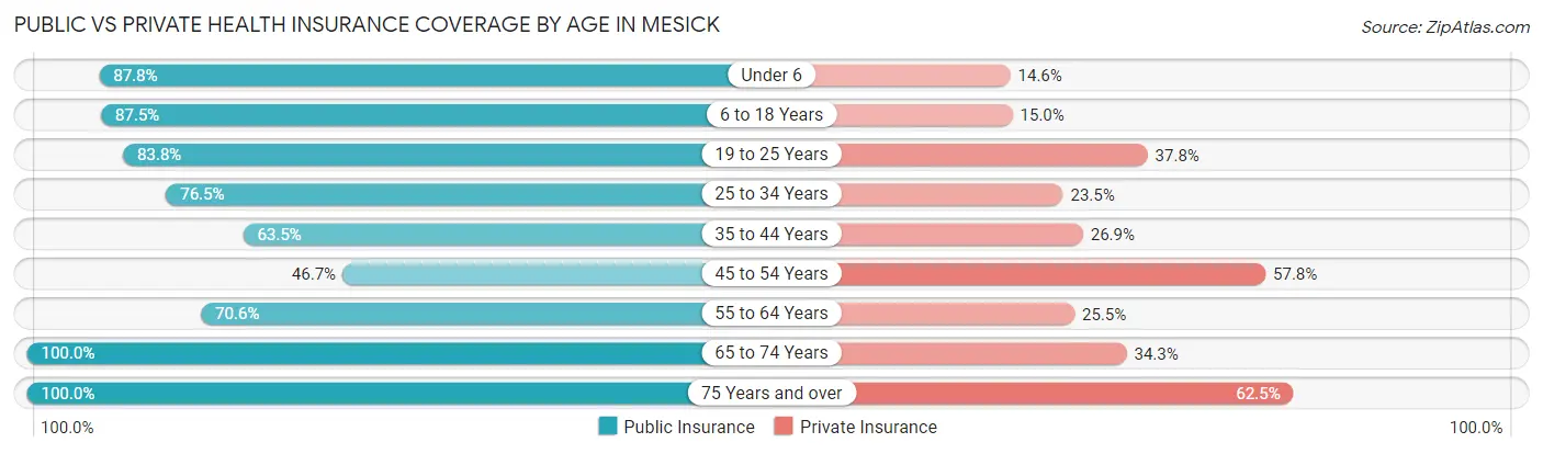 Public vs Private Health Insurance Coverage by Age in Mesick