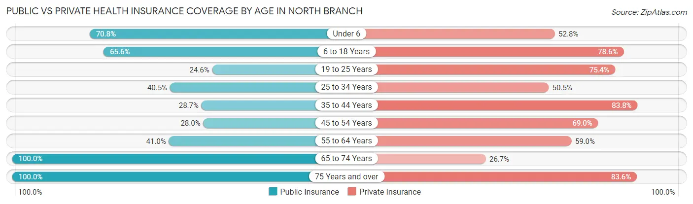 Public vs Private Health Insurance Coverage by Age in North Branch